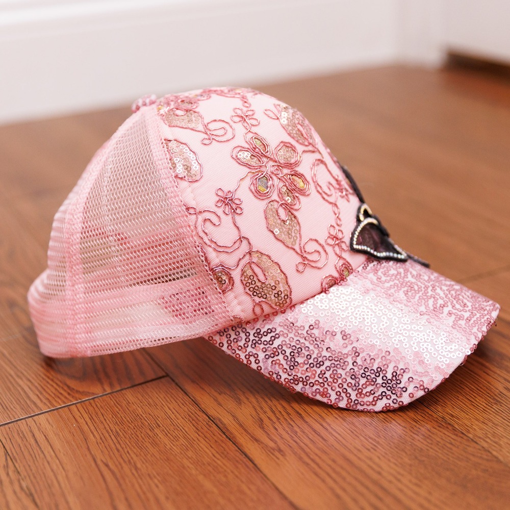 Pink Sequin Butterfly Trucker Hat Rhinestone Floral Embroidered Mesh Snapback - Picture 4 of 4